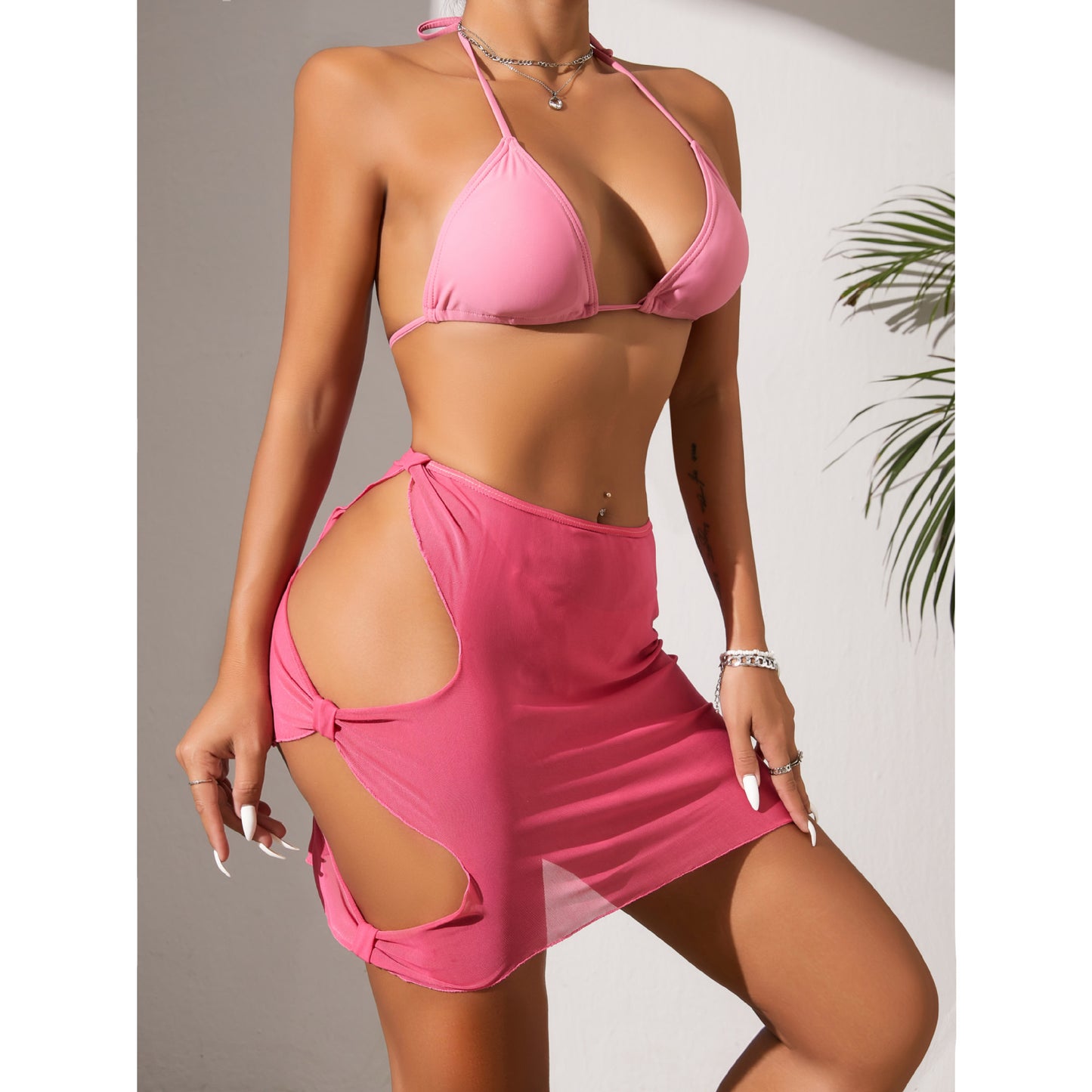 Traje de baño de bikini de tres piezas, conjunto de falda recortada con aberturas, traje de baño sexy sin espalda con cordones para mujer