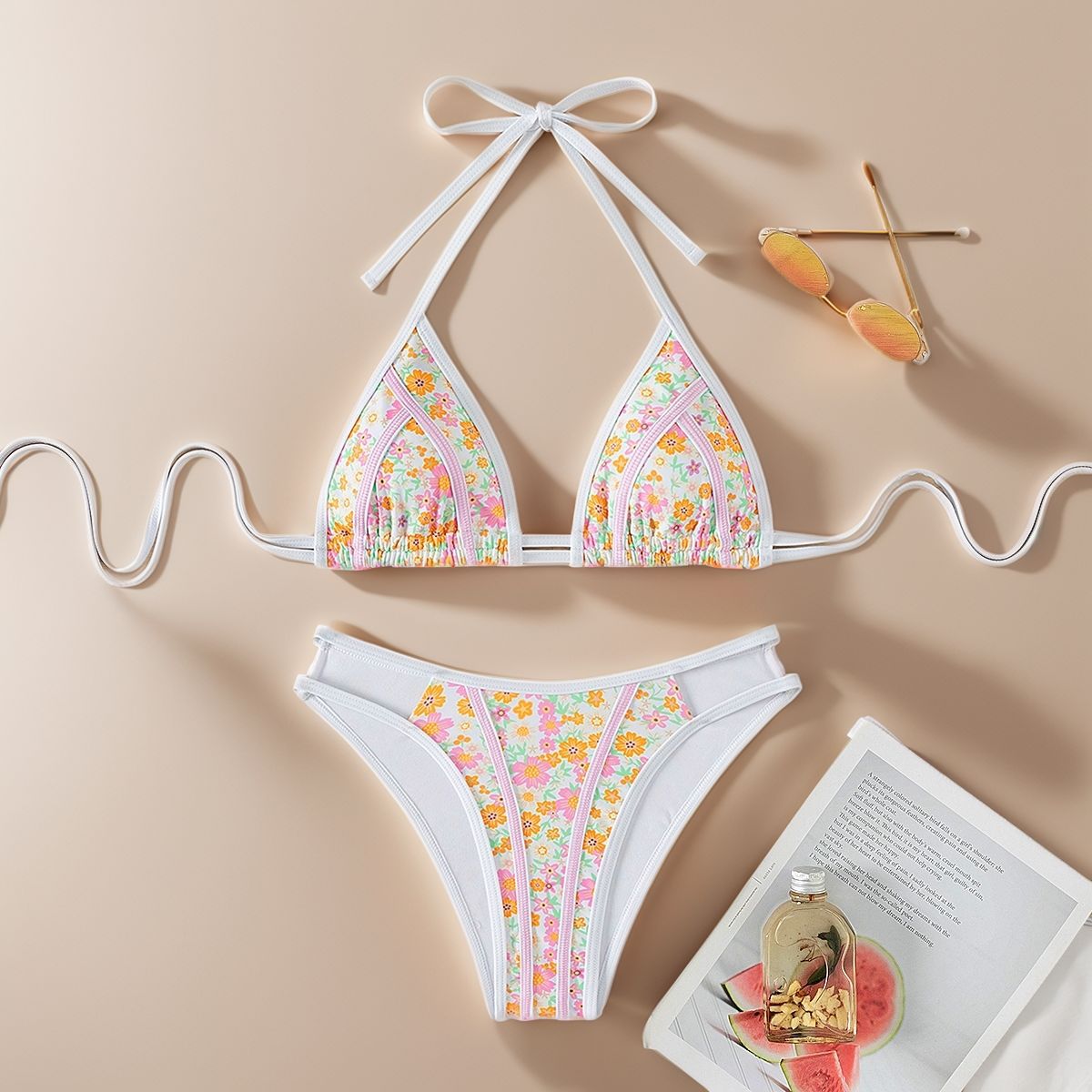 Bikini Triangle Lace up Small Floral Print Sexy Split Bikini Swim Two Piece Sets Women