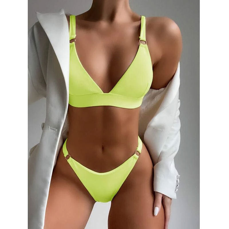 Bikini sexy de color liso con ribete de tela para mujer, traje de baño dividido de alta calidad