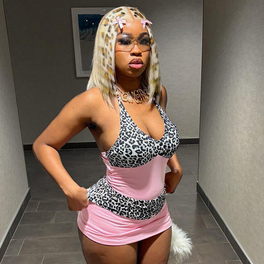 Vestido tubo plisado con cuello halter, escote en V profundo y estampado de leopardo con cordones para mujer, primavera y verano