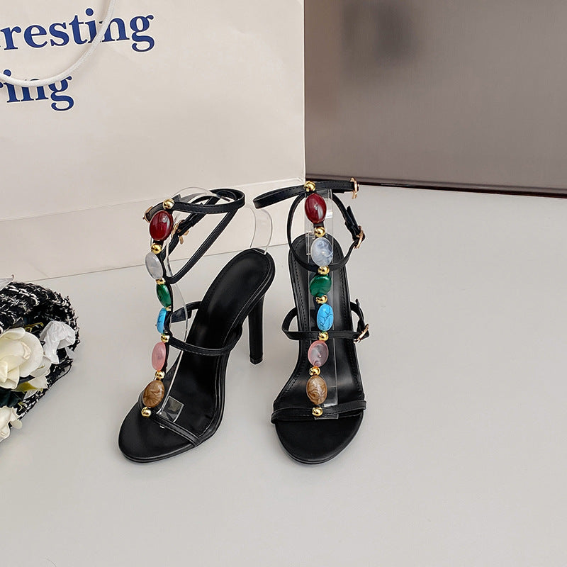 Sandalias de verano de 11 cm con tacón de aguja y punta abierta con hebilla en el tobillo para mujer