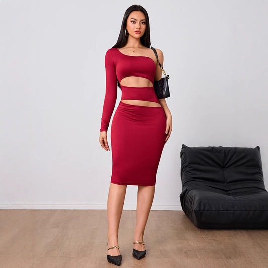 Vestido de mujer color vino tinto estilo socialité, otoño-invierno, manga corta, midi