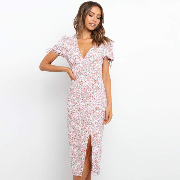 Summer Popular Short Sleeve Printed V neck Sexy Slit Dress for Women