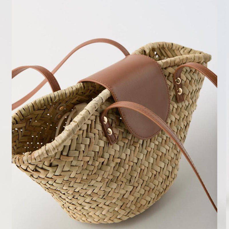 Natural Grass Shoulder Straw Bag Faux Leather Stitching Woven Bag Vacation Beach Bag All Match Rattan Weave Bag