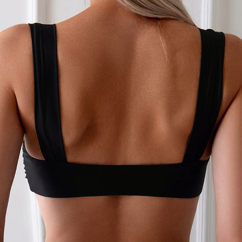 Traje de baño de bikini sexy en forma de U con tirantes de color sólido Traje de baño de bikini Parte superior sin forro