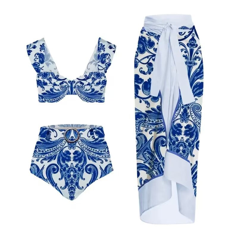 Traje de baño Lonkey para mujer, de porcelana azul y blanca, estampado de tres piezas, dividido.
