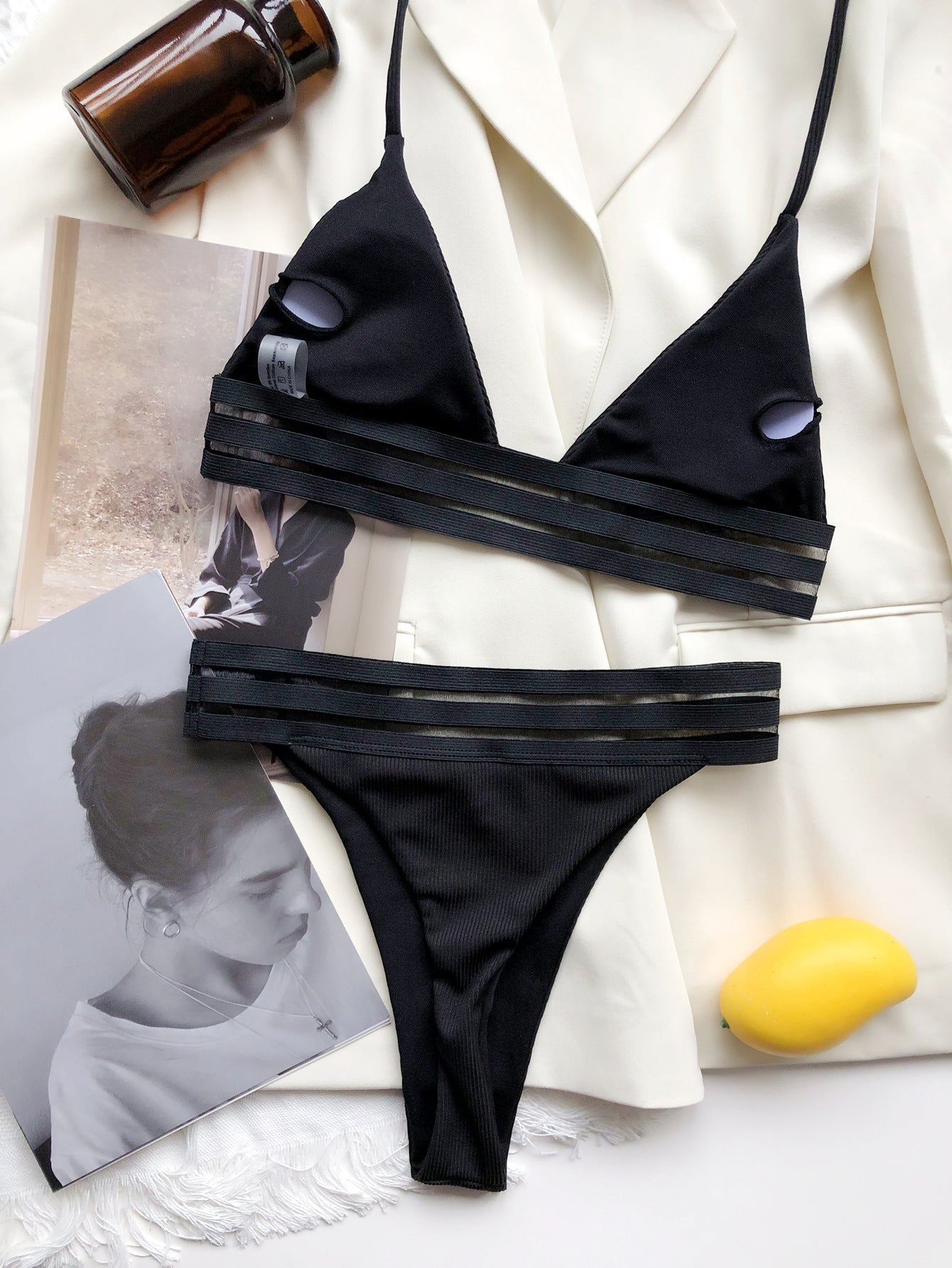 Swimsuit Solid Color Small Sunken Stripe Bikini Striped Bandage Swimsuit