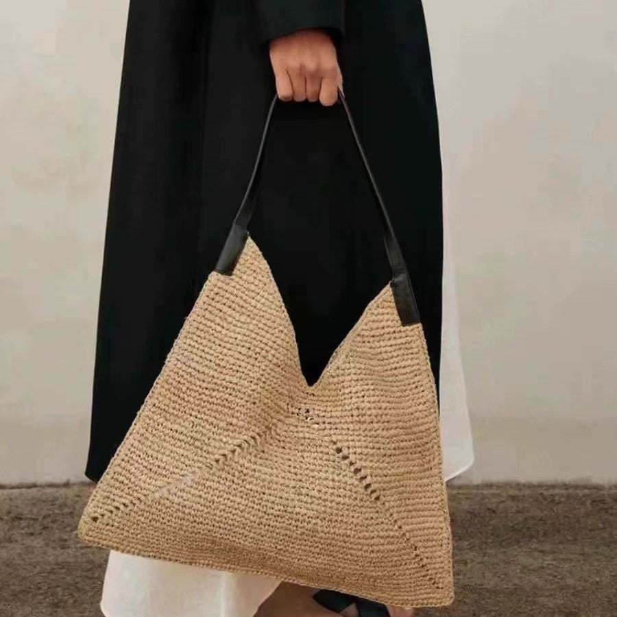 Shoulder Large Capacity Straw Bag Raffia Hollow Out Cutout Woven Bag Vacation Beach Bag Big Triangle Women Bag