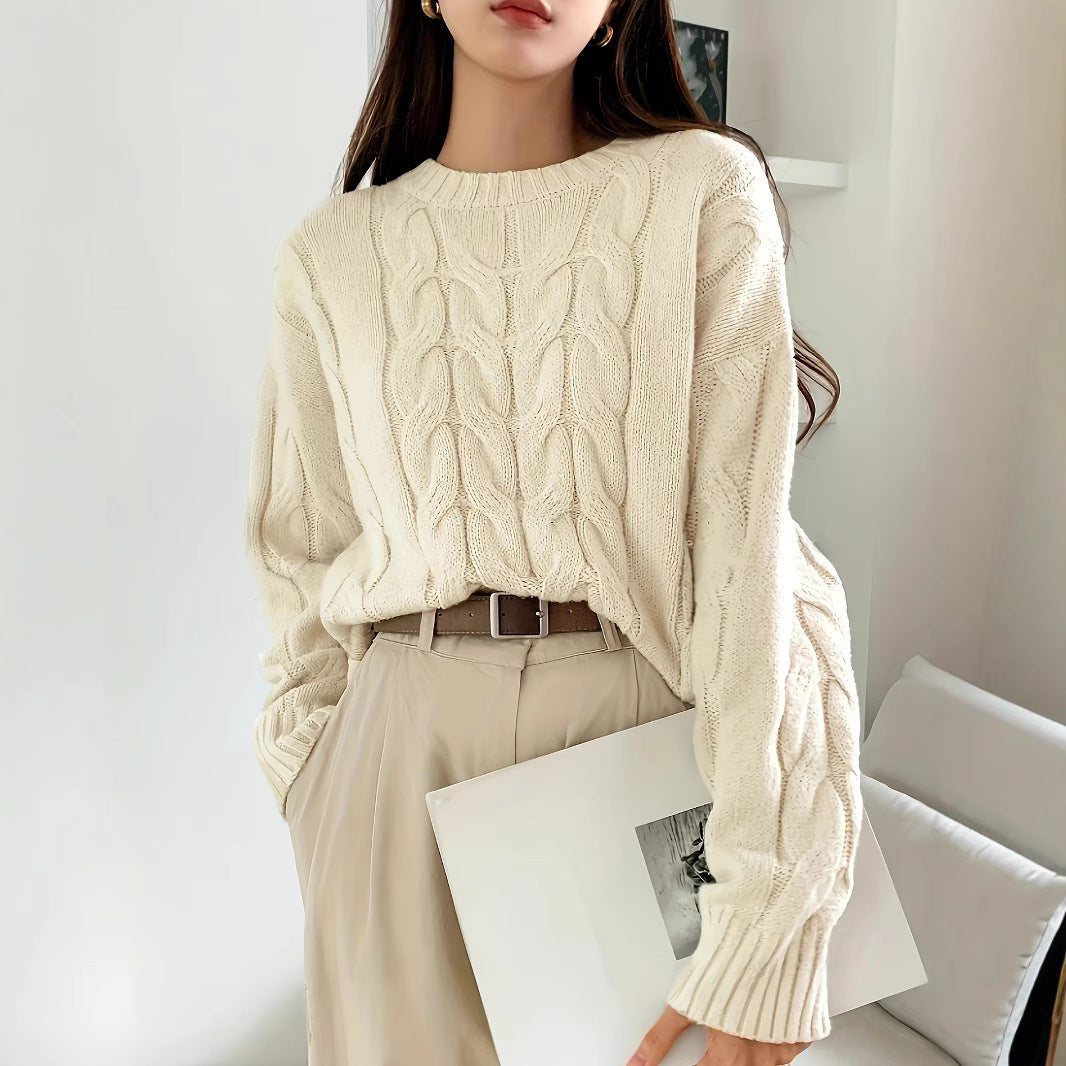 Autumn Winter Women Cable Knit Pullover Sweater Loose round Neck Solid Color All Matching Trendy Knitwear Top