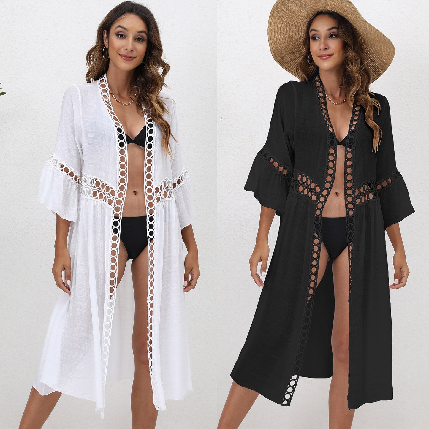 Blusa playera de vacaciones en la playa para mujer, cárdigan holgado de manga tres cuartos con encaje y protección solar