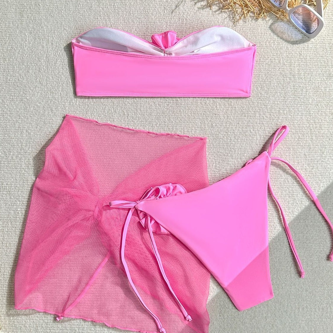 Bikini sexy de tres piezas, traje de baño para mujer, bikini tridimensional con estampado floral grande.