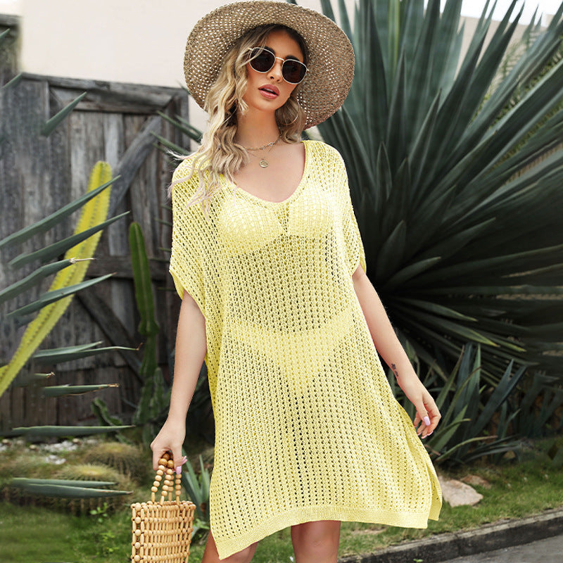 Spring Summer Loose Beach Dress Stitching Hollow Out Cutou Blouse for Women