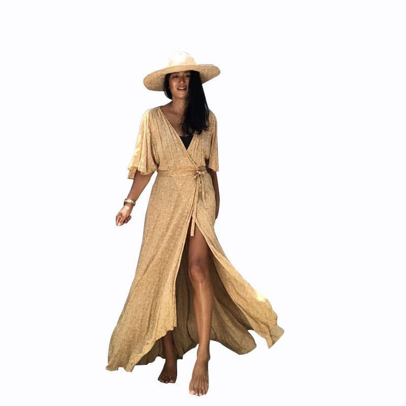 Sunscreen Cardigan Women Solid Color Lace-up Cardigan Half Sleeve Beach Sun Protection Bikini Coat Women