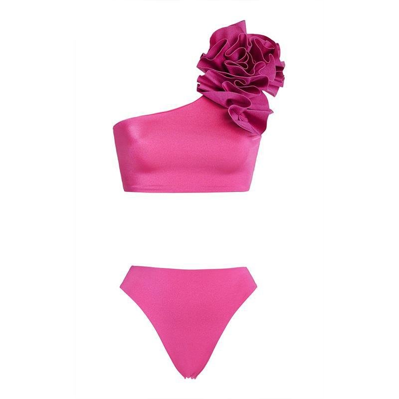 Traje de baño de bikini de color sólido sexy con un hombro al descubierto y diseño floral tridimensional para mujer