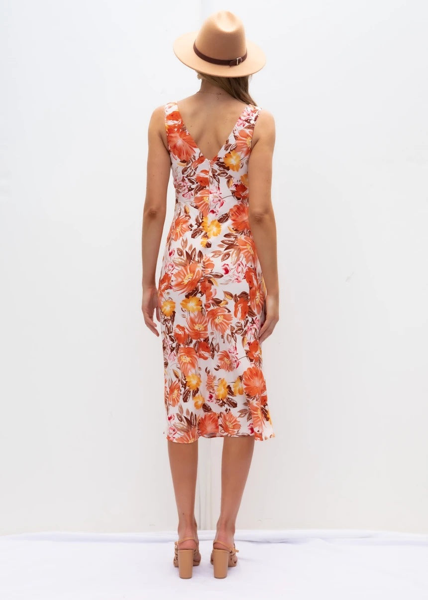 Spring Front Back V-neck Sleeveless Printed Slim-Fit Sexy Dress Women Clothing Floral Burst