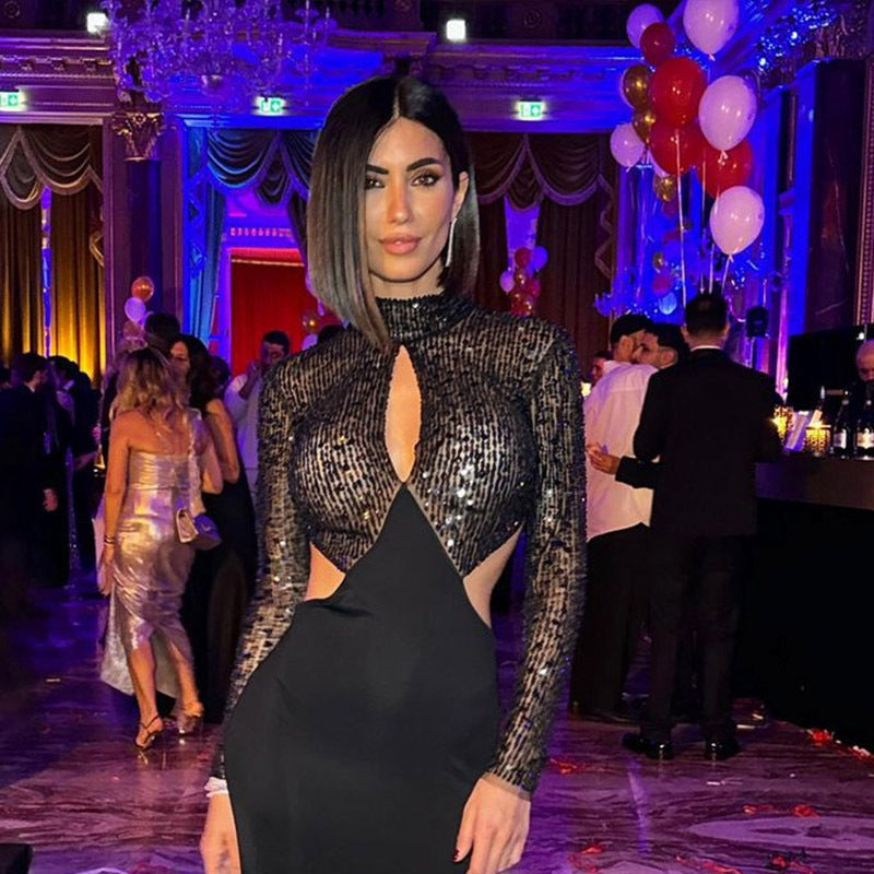 Vestido ajustado sexy con espalda descubierta y costuras de lentejuelas para mujer