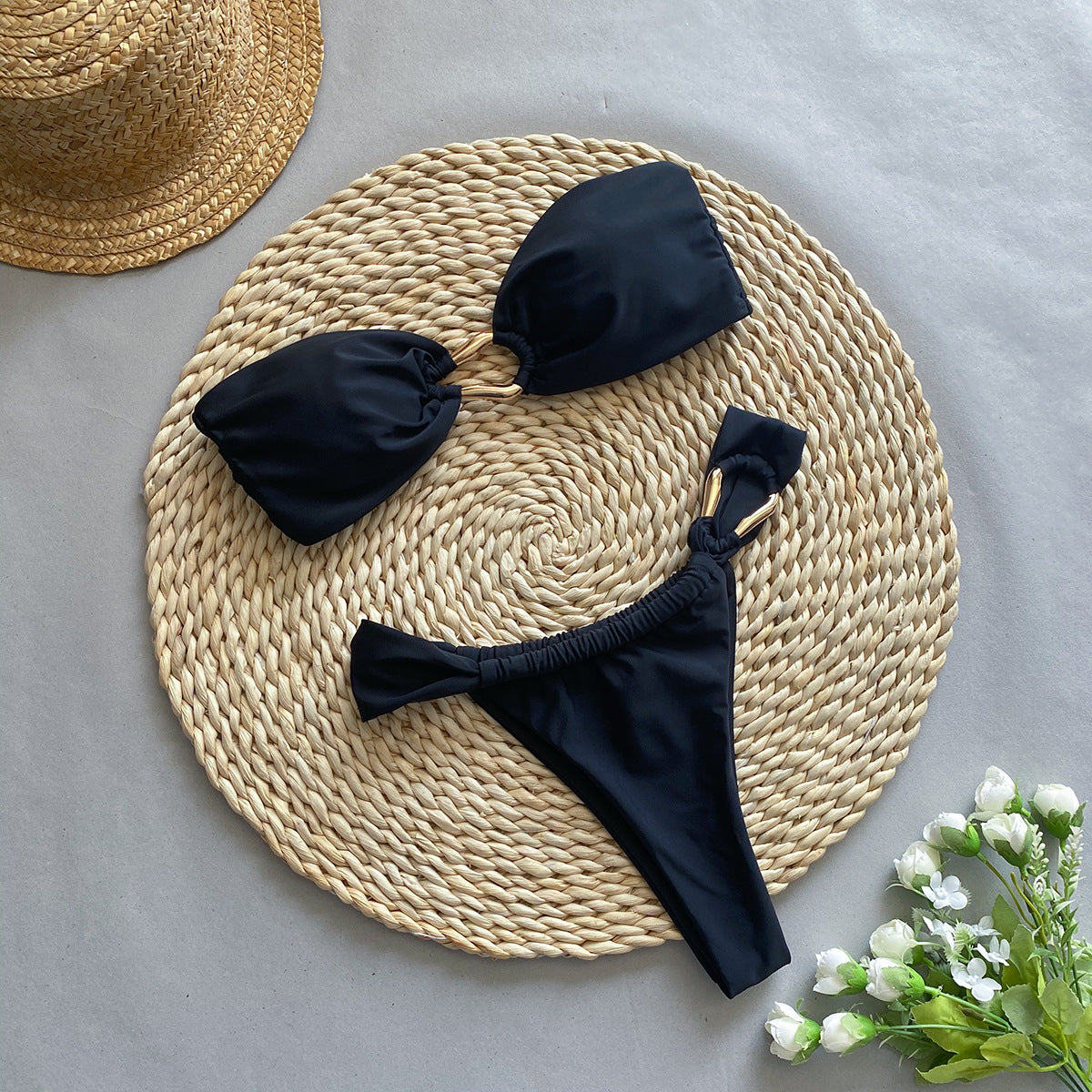 Bikini de cintura baja sexy para mujer, traje de baño de color liso dividido