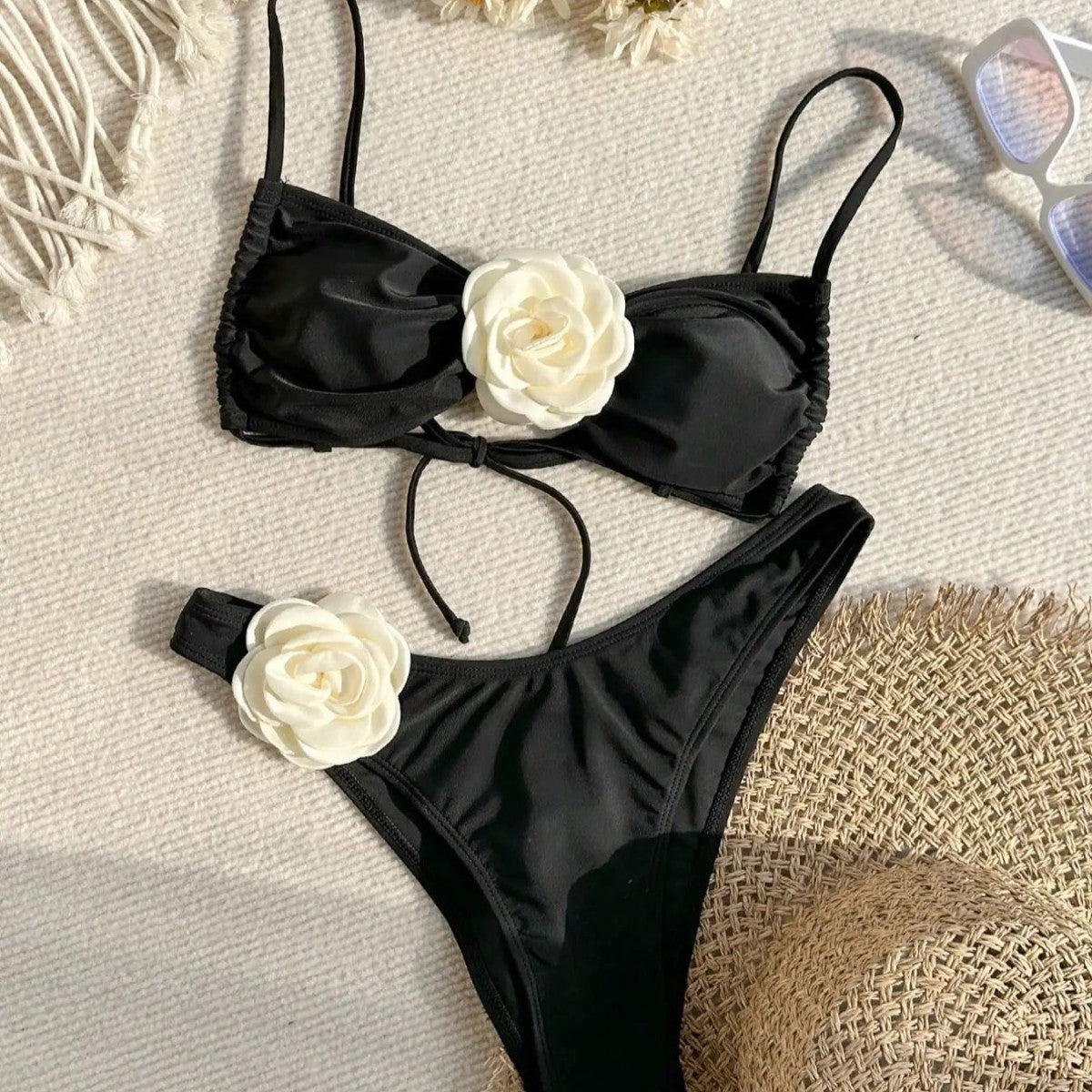 Bikini Solid Color Three Dimensional Floral Tube Top Lace up Sexy Bikini Split Swimsuit WithWind