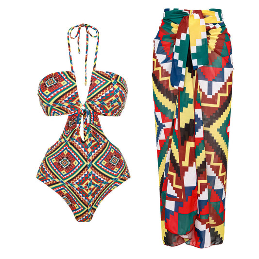 Traje de baño de una pieza retro para mujer, escote en V profundo, falda de gasa con cordones, conjunto de primavera