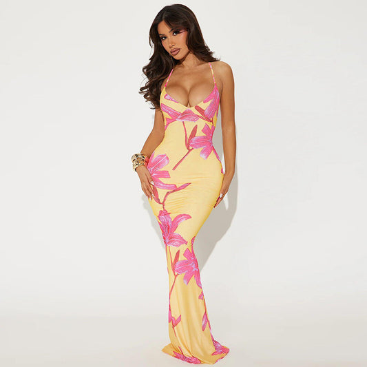 Robe d'été sexy à bretelles et dos nu pour femme, imprimé col en V