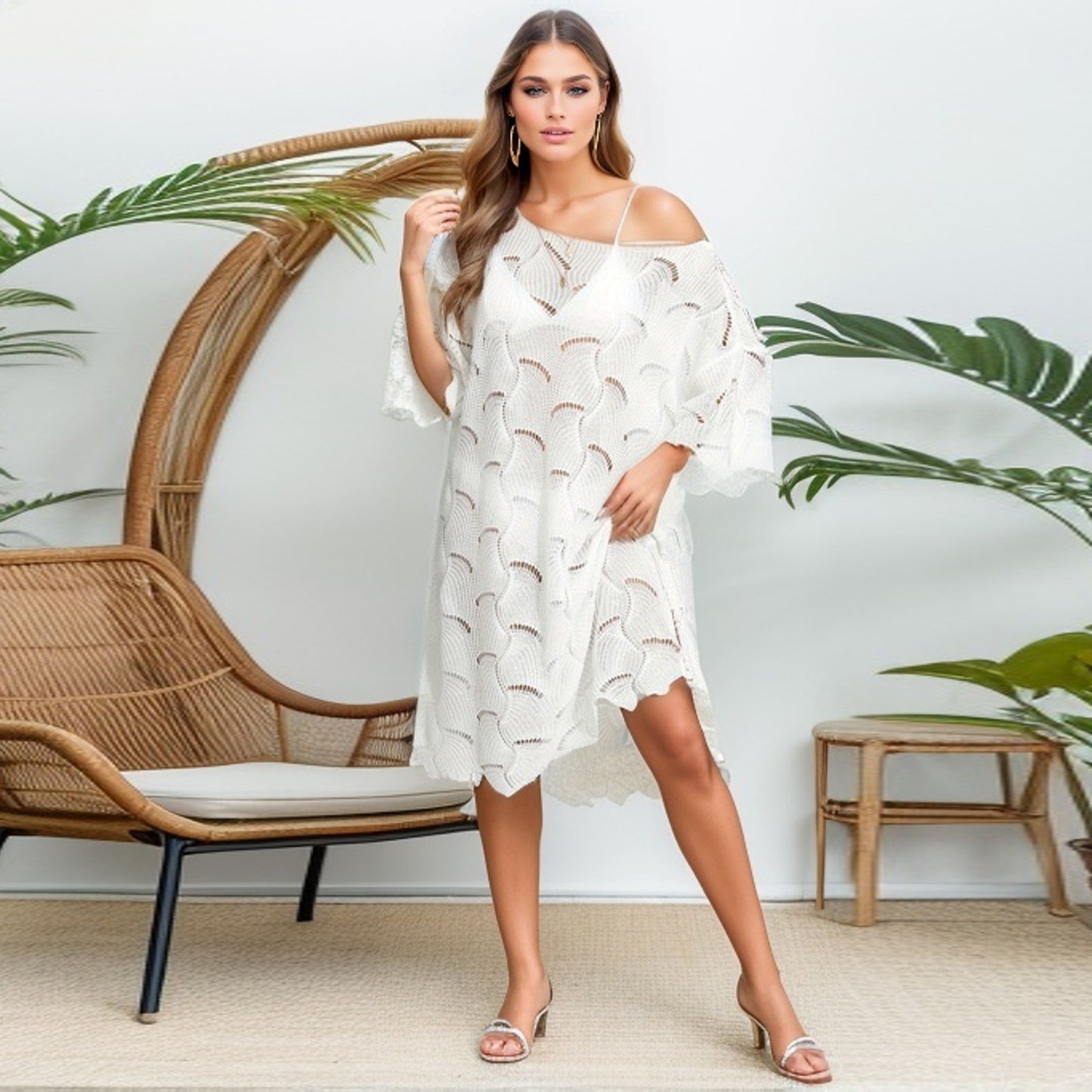 Summer Holiday Dress Sexy off-Neck Hollow Out Cutout-out Knitted Swimsuit Sun Protection Blouse for Women Crochet hook Crochet hook Crochet hook
