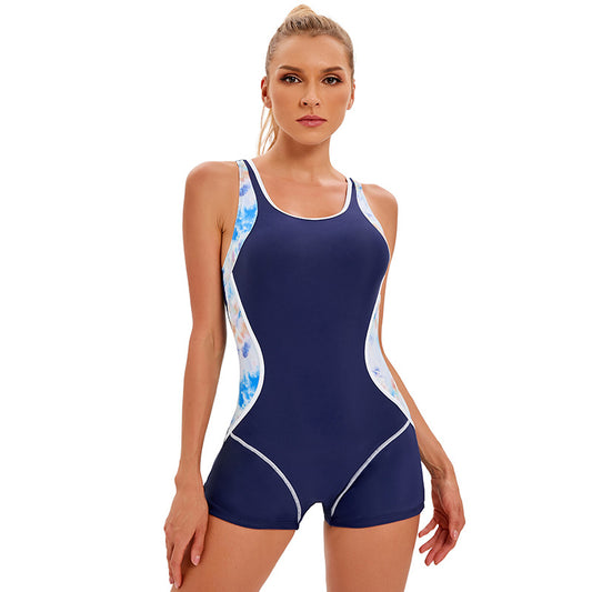 Sports One Piece Swimsuit Women Sexy Backless Color Matching Boxer Swimsuit