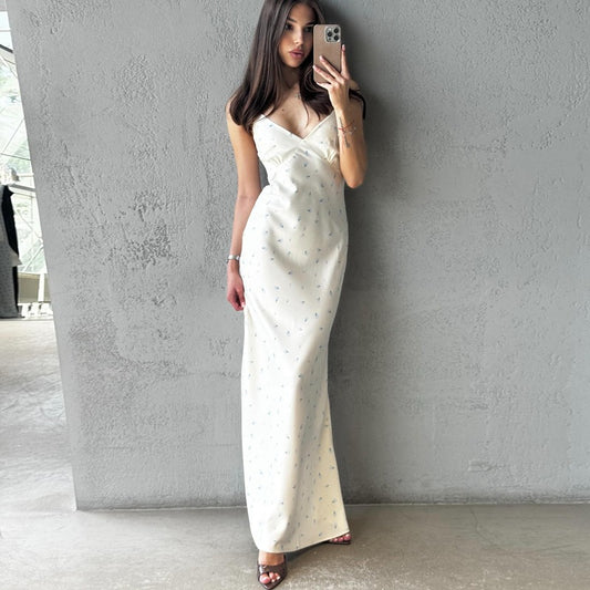 Women Clothing Summer Sexy Sexy V neck Sling Back Slit Long Floral Dress