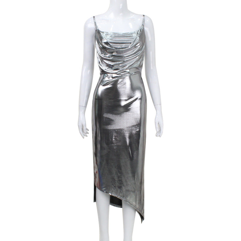 Women Clothing Sexy Backless Swing Collar Cami Dress Bronzing Split Pure Sexy Dress Long