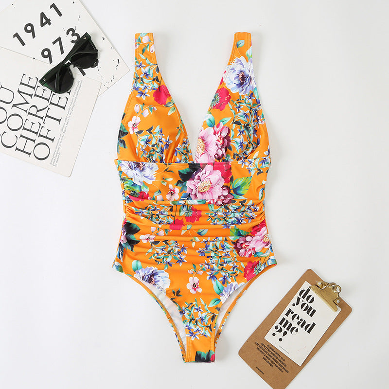 Traje de baño de una pieza para mujer, de cintura alta, triangular, estampado multicolor, estilo conservador doméstico.