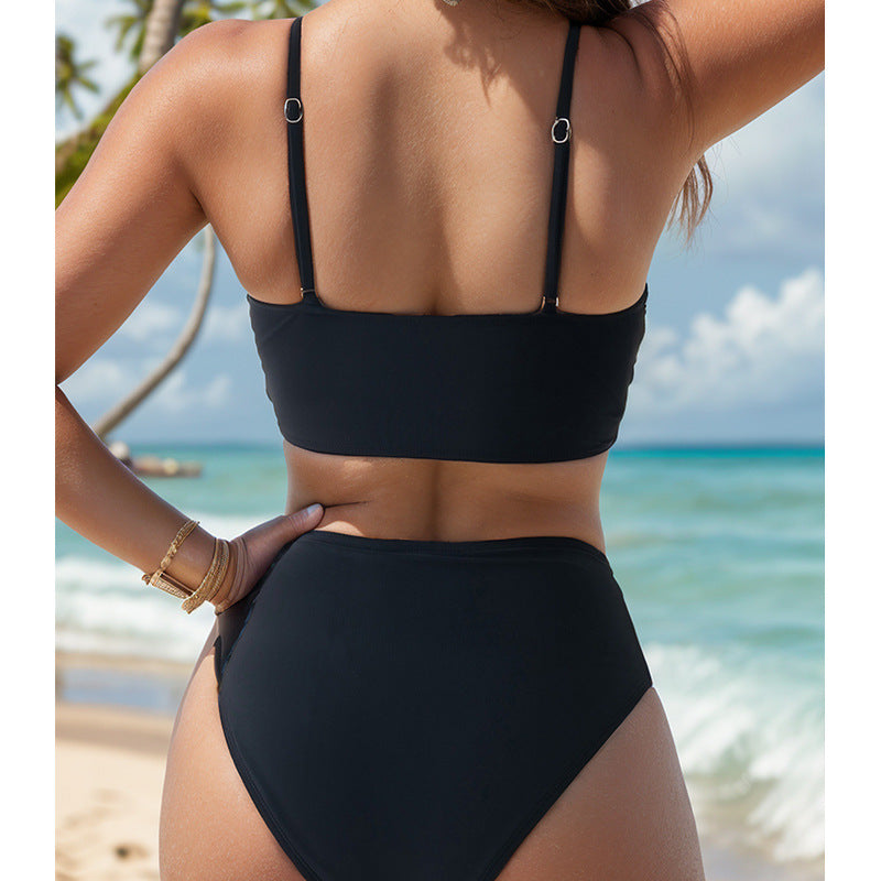 Bikini de color sólido plisado sin espalda sexy bikini dividido traje de baño traje de baño