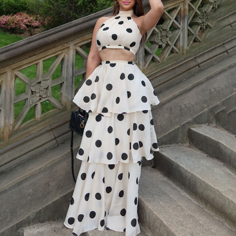 French Polka Dot Sweet Sexy Women ummer Halter Sleeveless Vest High Waist Flounced Skirt Set