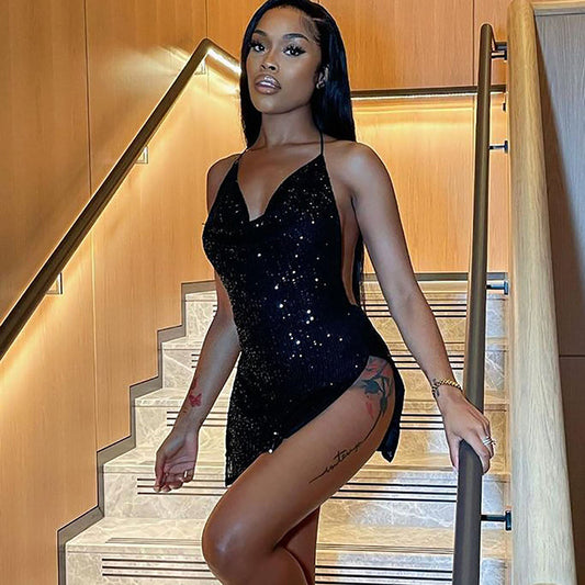 Vestido corto adelgazante con cuello halter, sexy, sin espalda y con aberturas para mujer de Fried Street