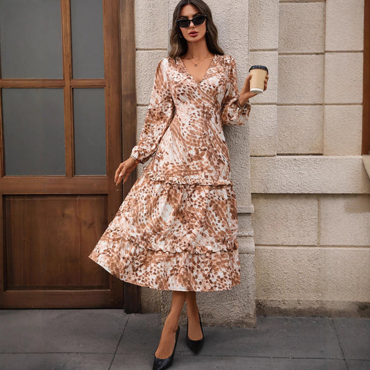 Autumn French Long Sleeve V neck Split Print Dress