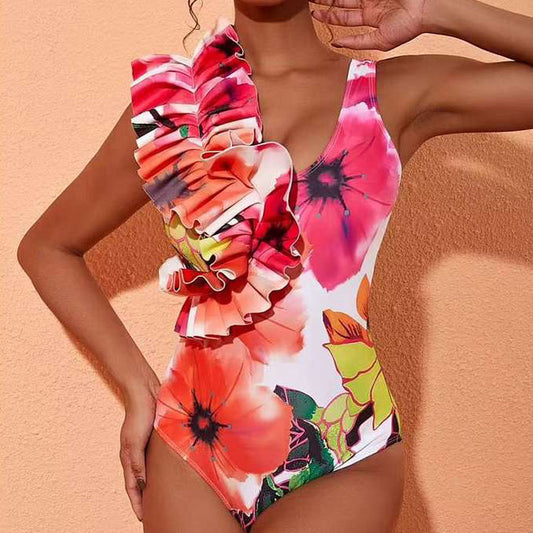 Maillot de bain sexy pour femme, bikini à volants, imprimé, robe longue en maille