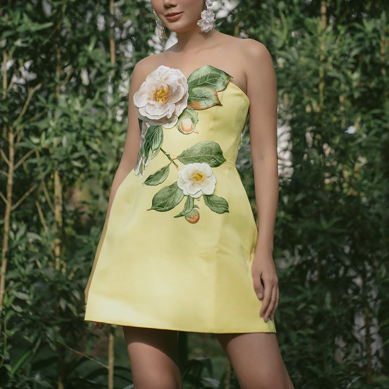 Summer Embroidery Three Dimensional Floral Sleeveless Tube Top Slimming Dress Women