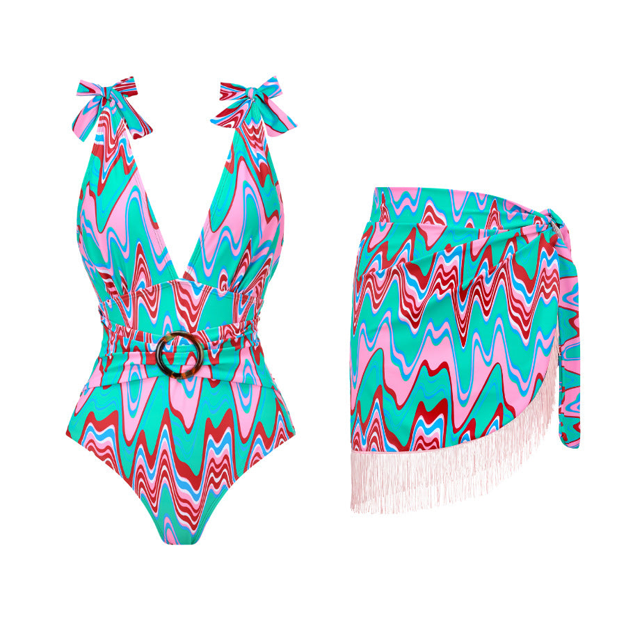 Traje de baño sexy de primavera para mujer, traje de baño con estampado conservador, conjunto de falda cruzada