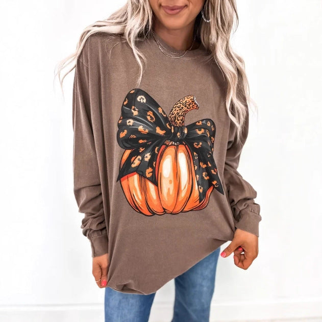 Ladies Summer Halloween Pumpkin Leopard Bow Printed Sweatshirts