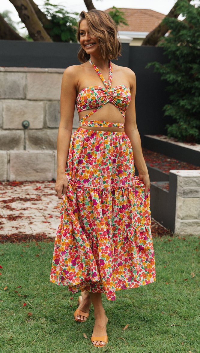 Spring Summer Sexy Halterneck Printed Tied Top Large Swing Dress for Women Floral Burst