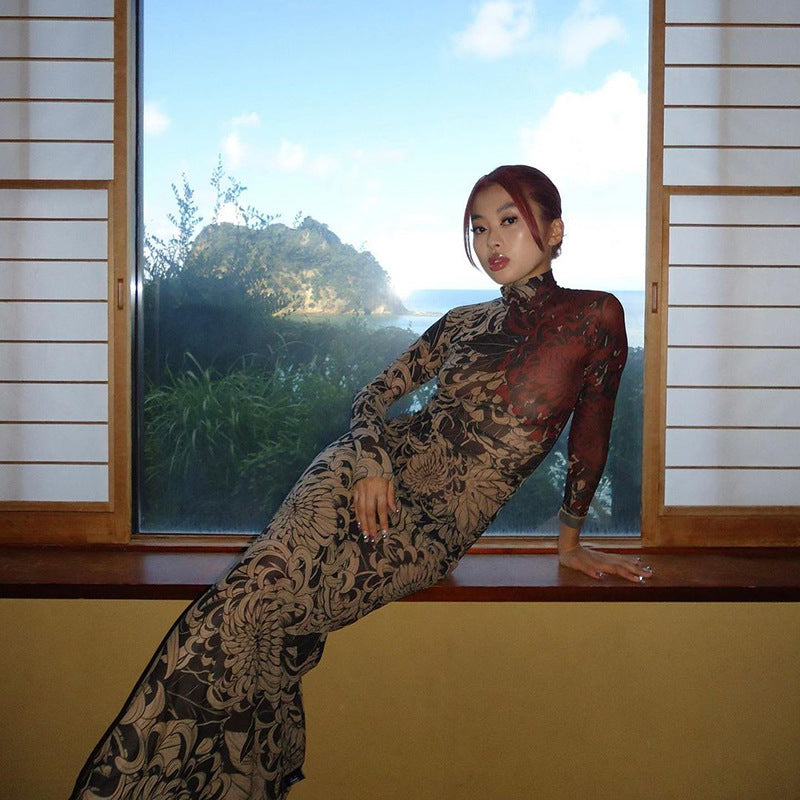 Women Clothing Spring Retro Mesh Personalized Printed Turtleneck Slim Slimming Dress for Women