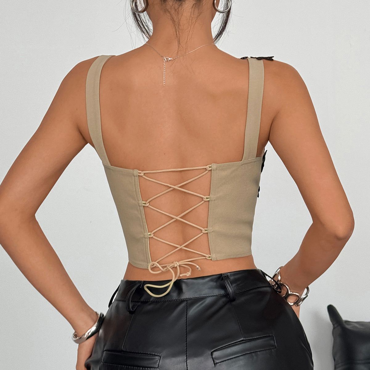 Sexy Women Clothing Stitching Lace Niche Cropped Exposed Pure Want to Go out of the Street Vest