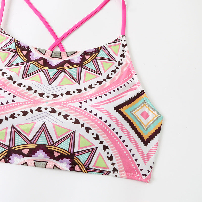 Traje de baño de bikini con bolsillos triangulares divididos con tabla fija con impresión digital para mujer, traje de baño de playa para natación