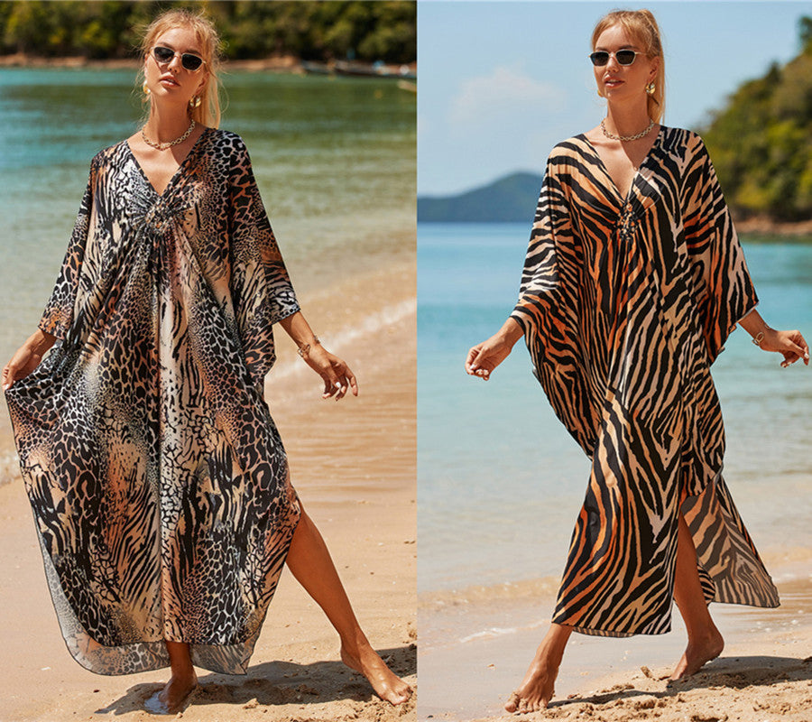 Elastic Printing Beach Cover-up Sexy Loose Chest Woven Vacation Beach Cover Up