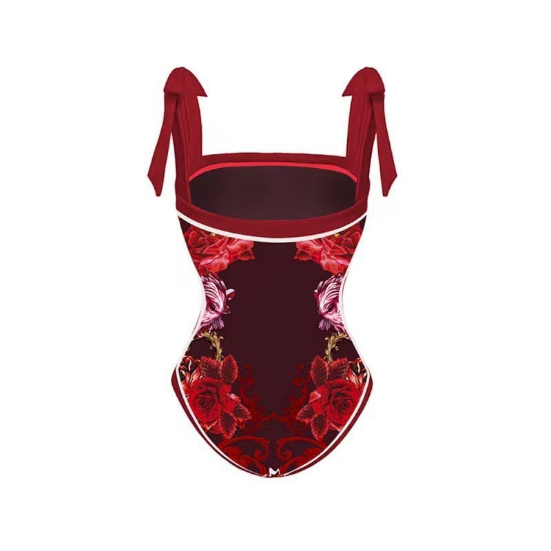 Traje de baño conservador con protector solar para mujer, falda de gasa estampada vintage, bikini
