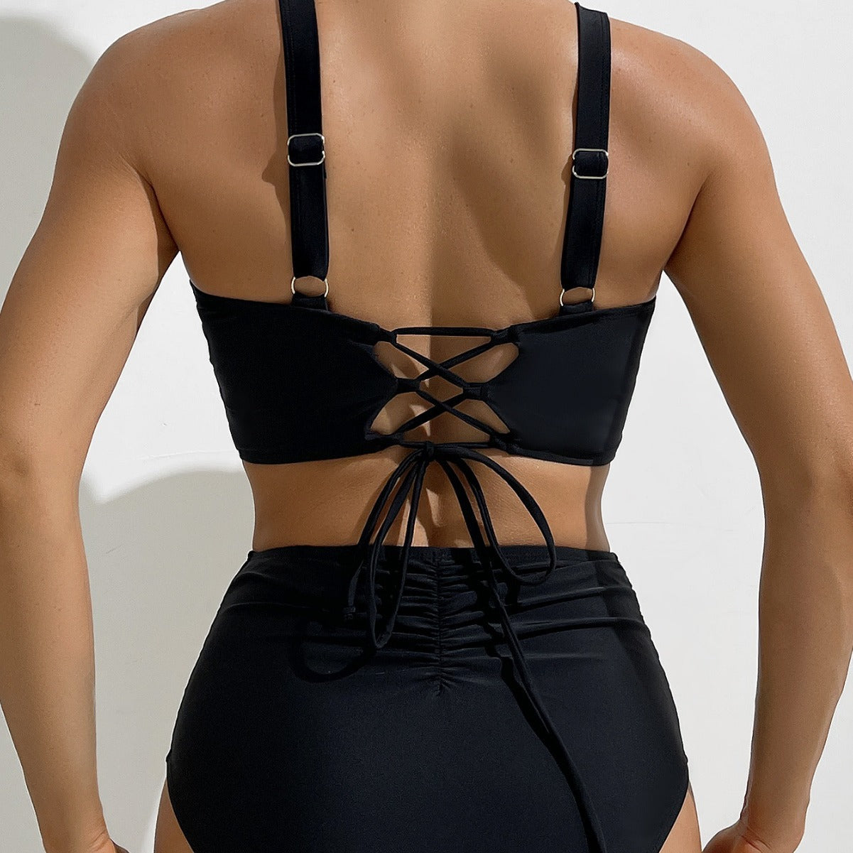Bikini de color sólido con arrugas y cintura alta, sexy, dividido