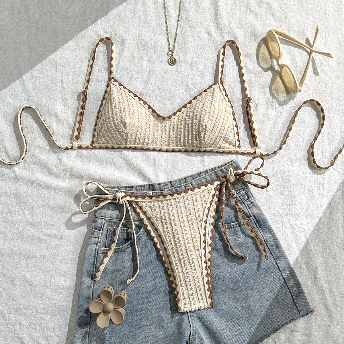 Texture Bikini Women Contrast Color Lace up Split Swimwear Swimsuit Bikini SanYuva