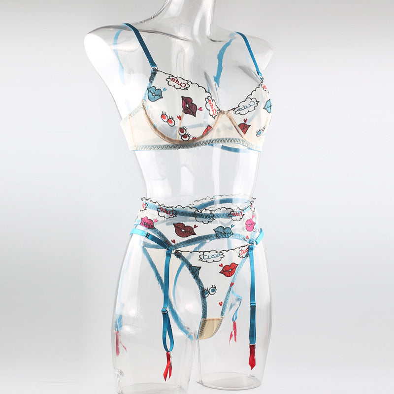Sexy Cartoon Mesh Lip Enhancement Printed Garter Three Pieces Sexy Suit