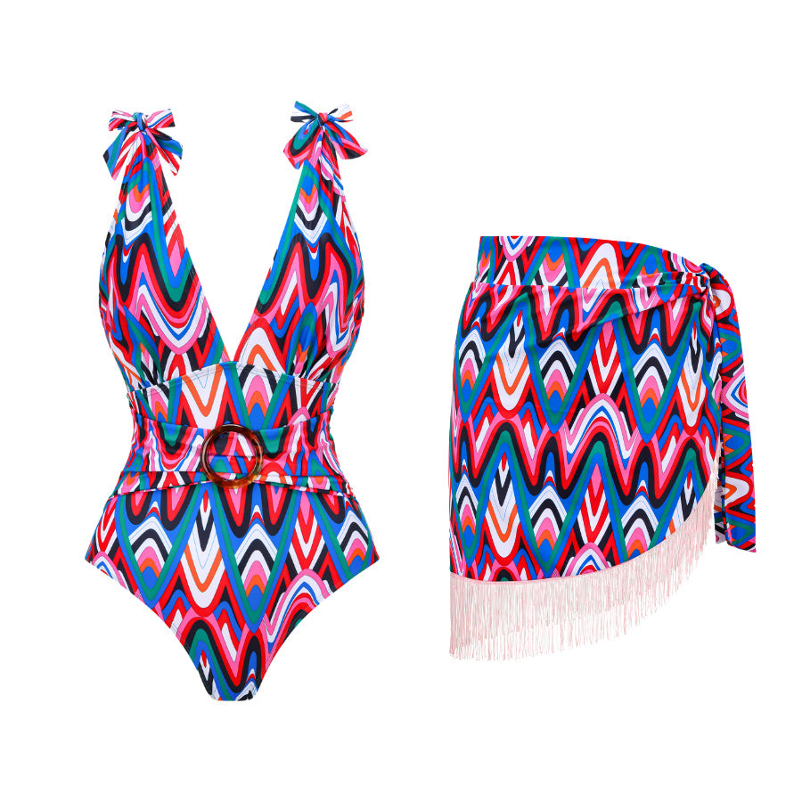 Traje de baño sexy de primavera para mujer, traje de baño con estampado conservador, conjunto de falda cruzada