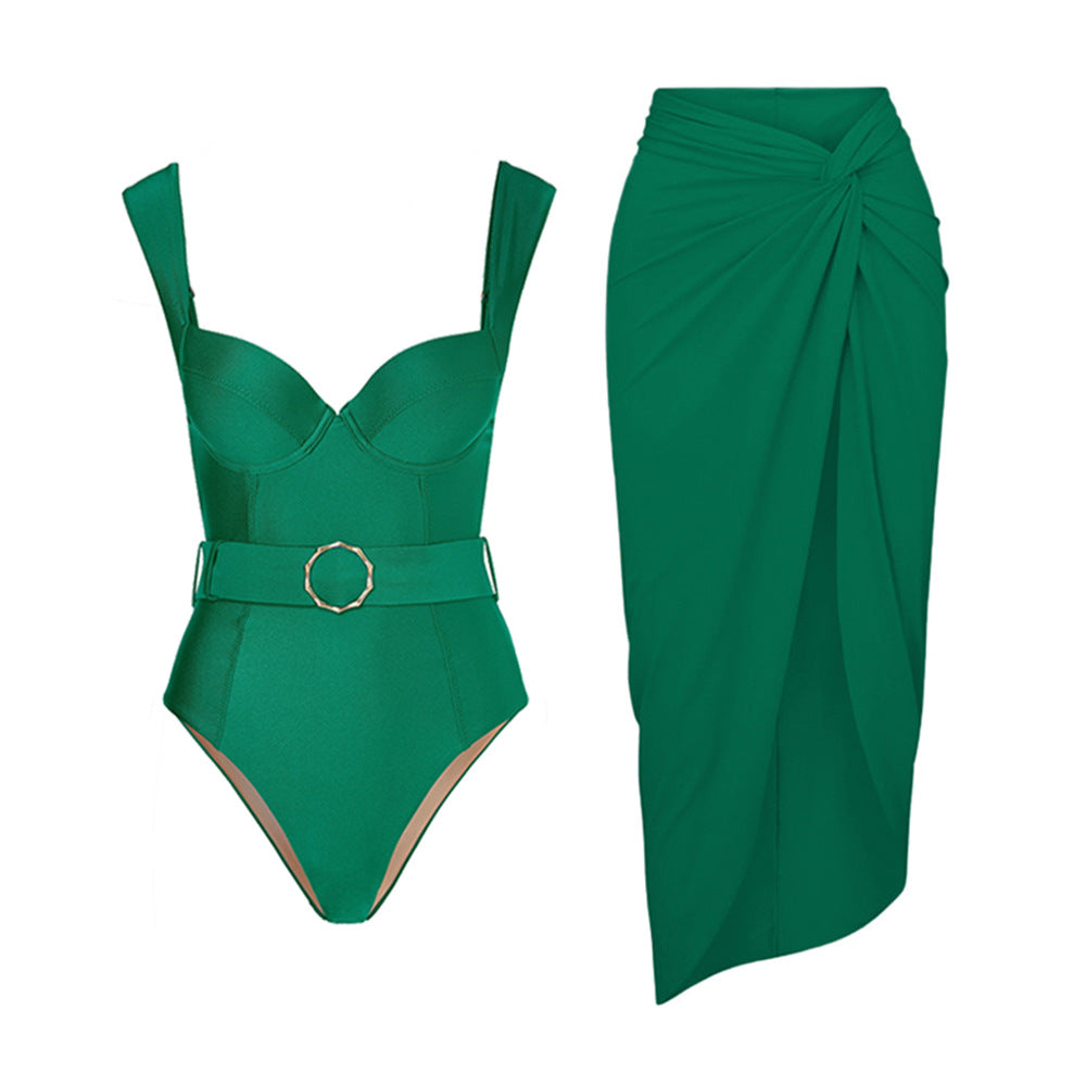 Green Double Shoulder Swimsuit Suit