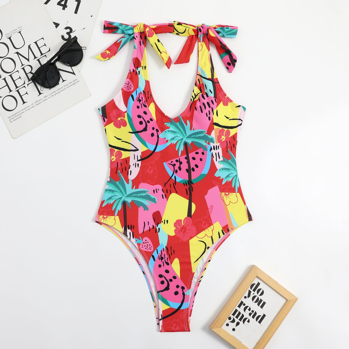 Traje de baño de una pieza con estampado de corazón y lazo para mujer, bikini sexy con espalda descubierta y triángulo