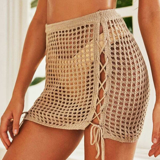 Skirt Women Knitted Sexy Cutout Drawstring Beach Bikini Beach Skirt Women
